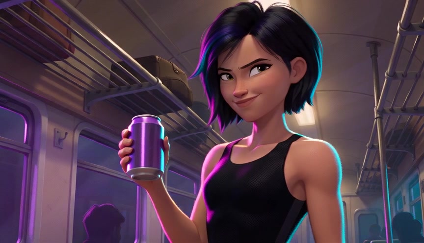 Comic-book animation: she catches the can in the train